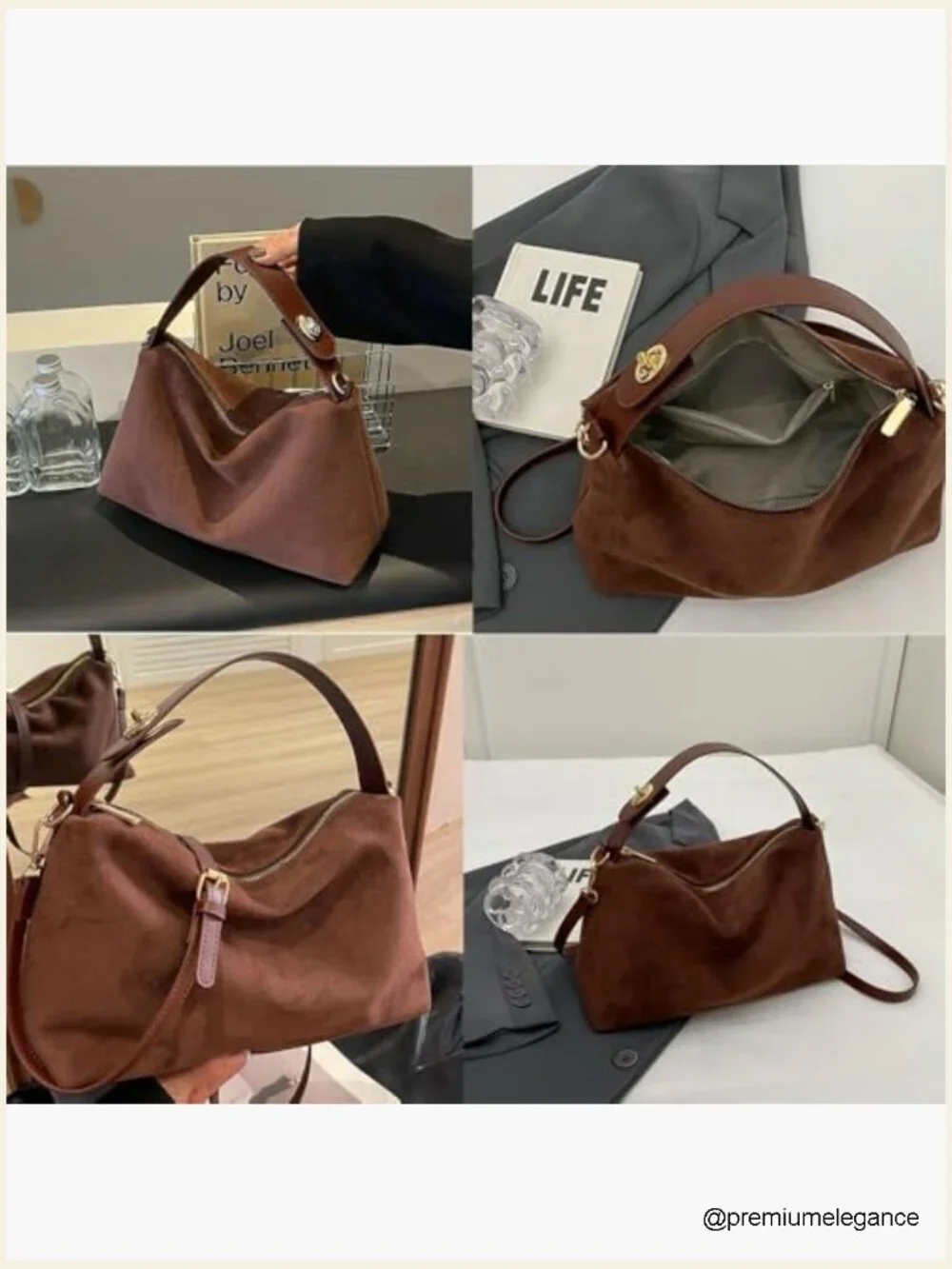 Suede Tote Hobo Bag with Adjustable Strap, Crescent Shoulder Purse